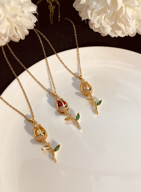 钛钢项链女铜镀金锆石郁金香吊坠