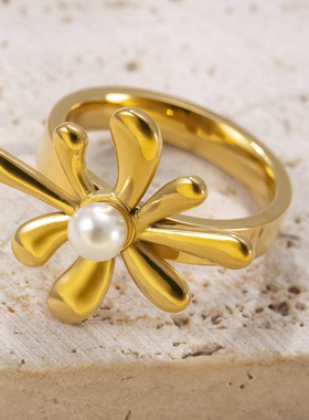 法式复古钛钢珍珠戒指