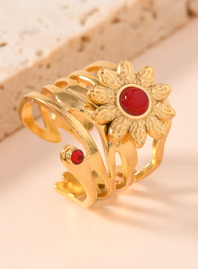 欧美设计感油压花朵镶珍珠戒指