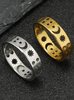 跨境设计感日月星辰钛钢戒指