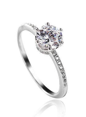 包邮1克拉6爪群镶钻碎钻排钻仿真钻石戒指锆石人工钻戒结婚礼送盒