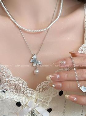 日韩超仙蓝色水晶珍珠蝴蝶项链