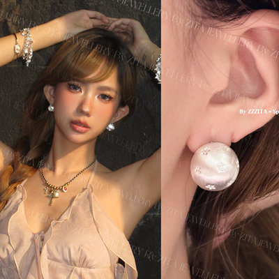 银色拉丝四芒星圆球耳环