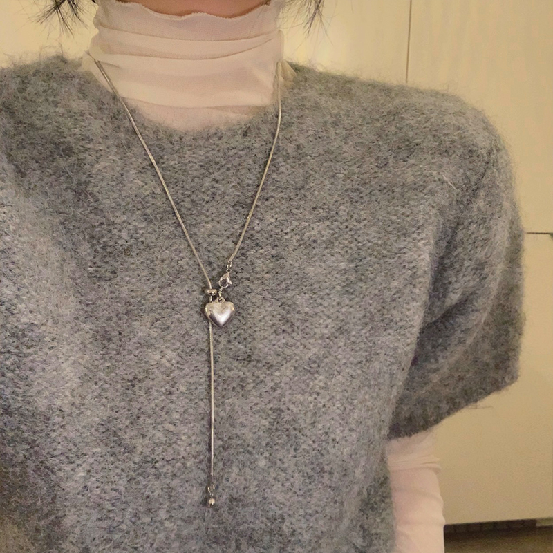 银色爱心抽拉流苏毛衣链简约百搭高级感精致项链小众设计颈链锁骨