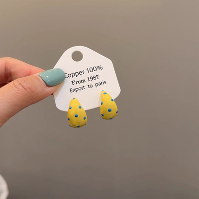 2025新款小清新黄色滴釉波点耳环复古高级感百搭气质轻奢耳饰耳钉