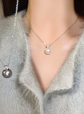 灰色珍珠锆石吊坠项链女秋冬