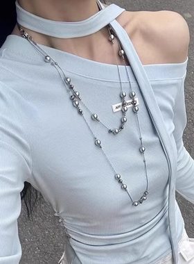 高级感多层灰色珠珠项链女毛衣链轻奢小众锁骨颈链配饰