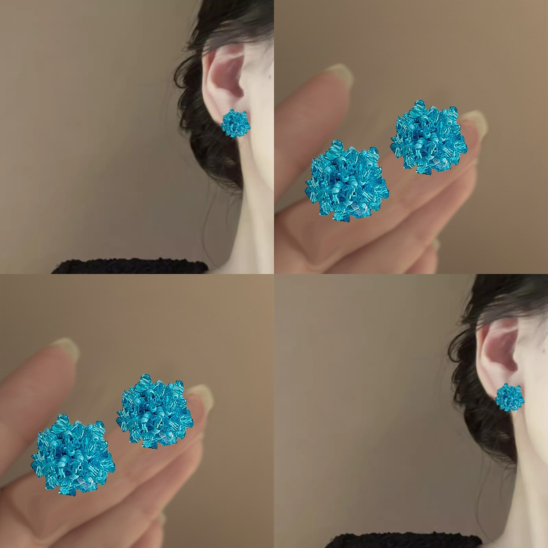 日韩破碎冰蓝！蓝色花朵串珠耳钉