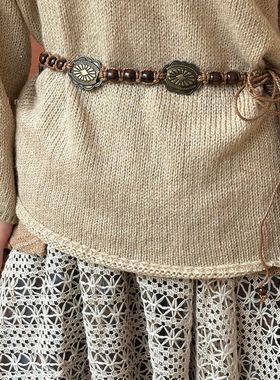 民族风棕色编织串珠腰链女复古