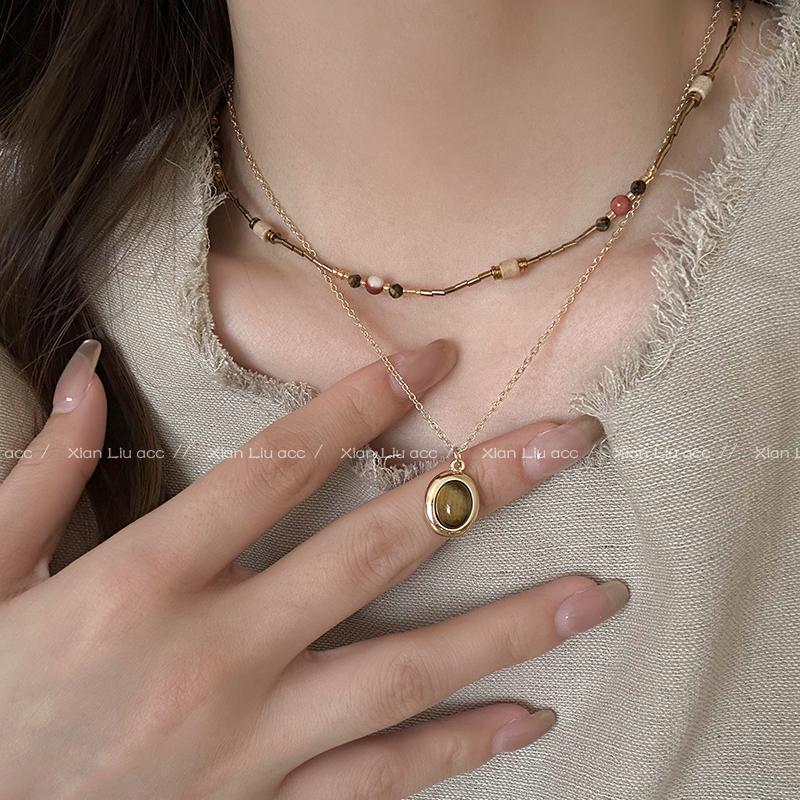 新中式复古叠戴虎眼石项链