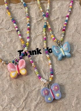 新款蝴蝶项链女辣妹彩绘手工复古串珠锁骨链昭可爱配饰星星配饰品