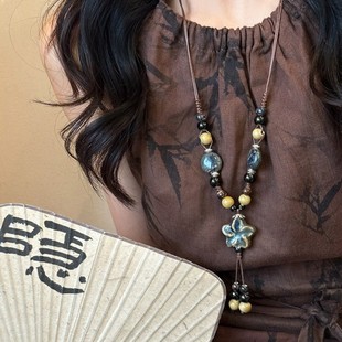 新中式 复古波西米亚花朵串珠项链民族风设计感锁骨链流苏毛衣链女