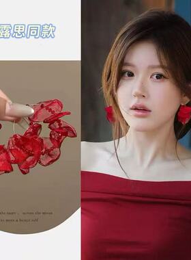 赵露思同款红色花朵圆形耳圈女款气质耳坠时尚小众耳饰新中式耳环