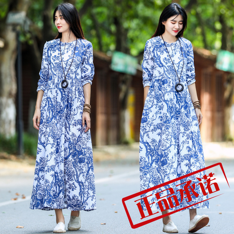 实拍春新品复古宽松大码女装棉麻青花瓷印花连衣裙民族风长裙