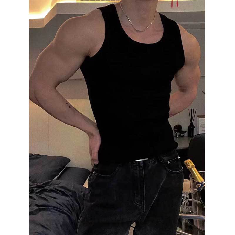 螺纹背心男重磅白色圆领美式紧身