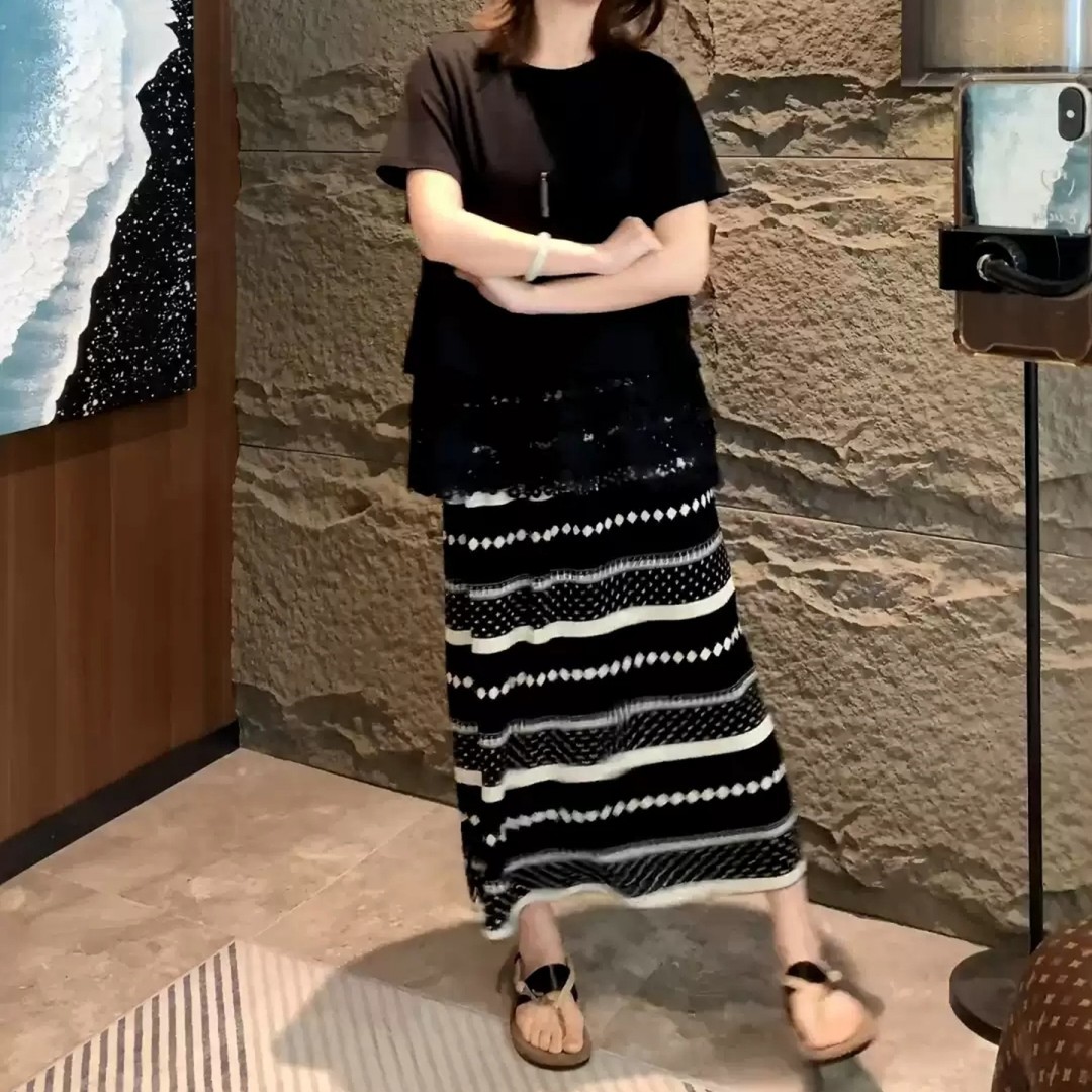 韩版百搭休闲黑色条纹半身裙女