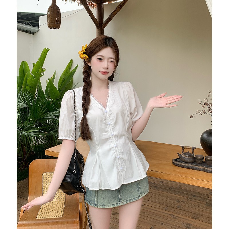 大码胖MM气质蕾丝短袖衬衫女夏季