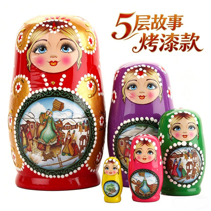 俄罗斯套娃 5层烤漆故事套娃套娃原木儿童玩具一套蒙台梭利教具