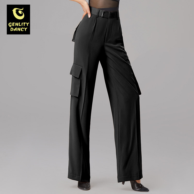 摩登舞裤子男士新款高腰直筒口袋长裤成人专业国标拉丁舞蹈练功裤