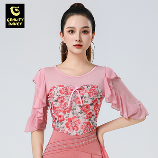 摩登舞蹈上衣女款新款形体训练服装高端印花跳水兵交谊拉丁舞衣服