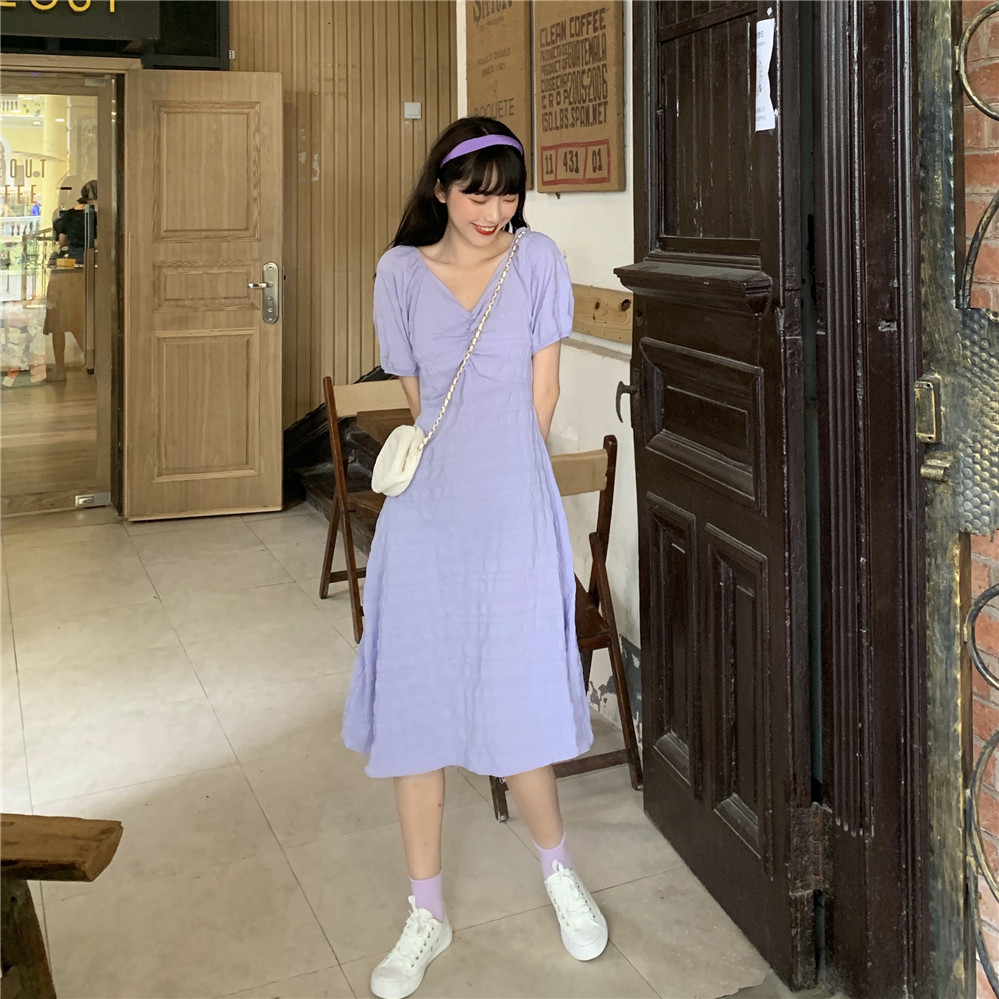 Real French niche dress summer bubble sleeve FAIRY DRESS temperament close waist short sleeve retro dress