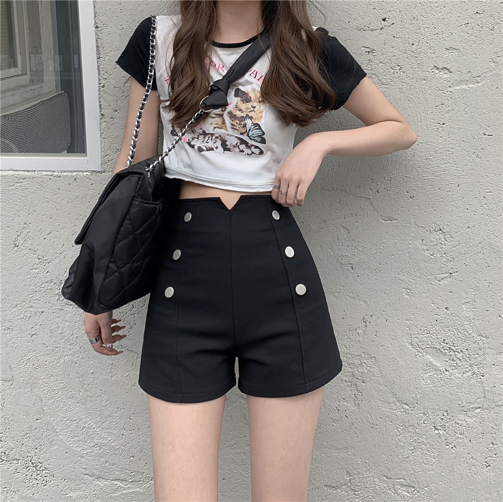 Real shot High Waist Shorts for women wearing summer net red thin legged pants and black wide leg casual pants