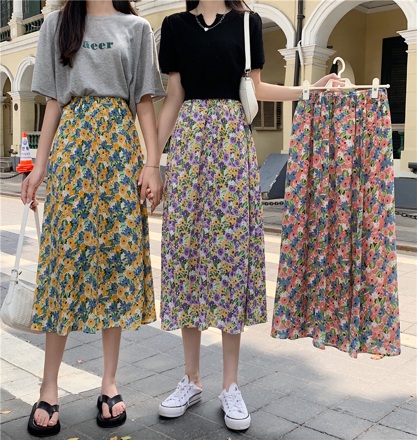 實拍韓版2021新款印花油畫復古半身裙女中長款顯瘦高腰A字裙
