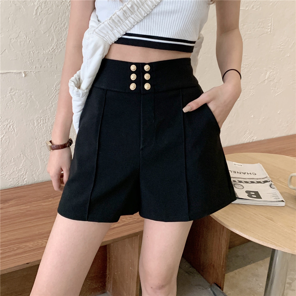 Real shot double breasted high waist Suit Shorts women's Korean version loose and versatile black A-line casual wide leg pants