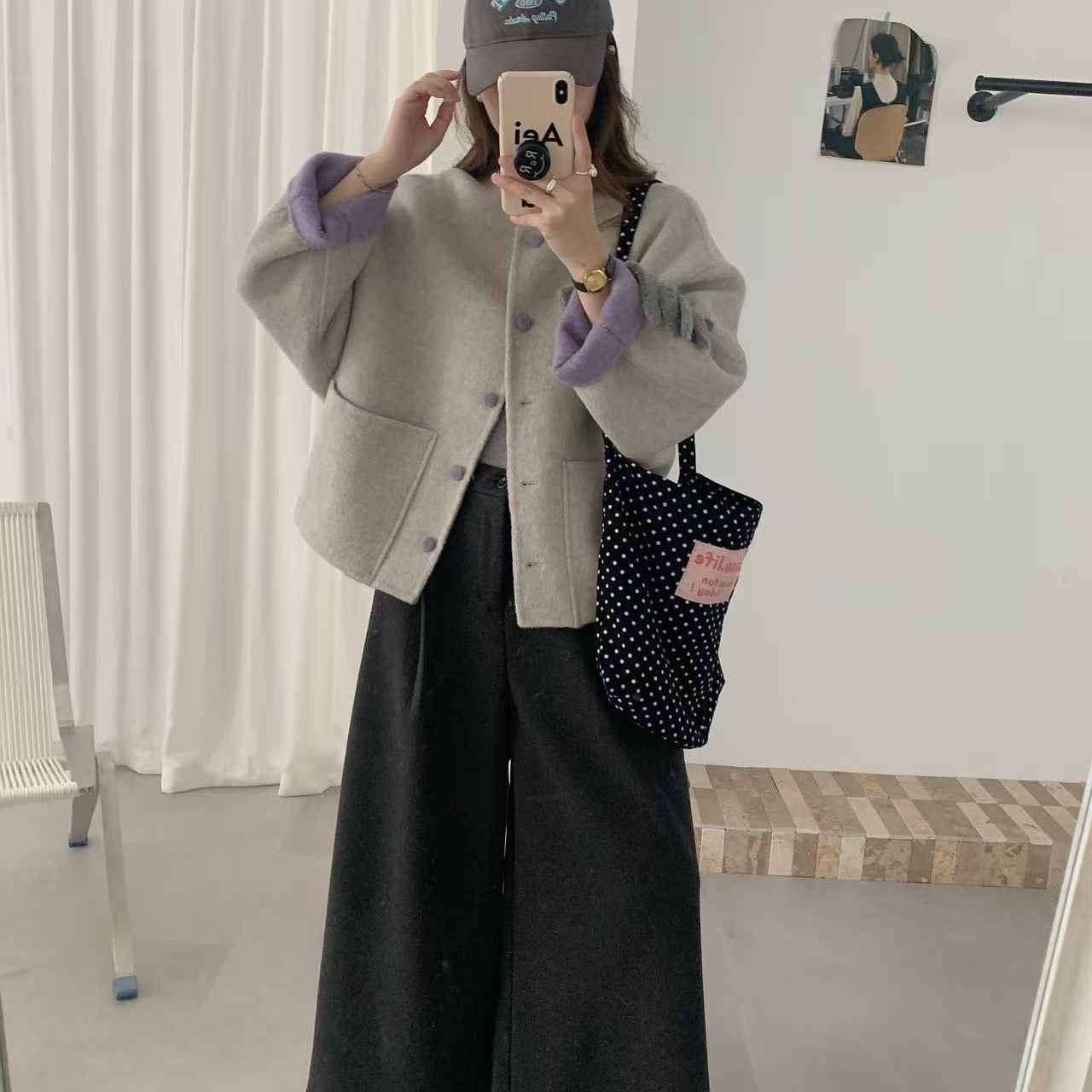 七七上新韩系短款小香风高级感宽松拼色羊毛外套（含70羊毛）n341