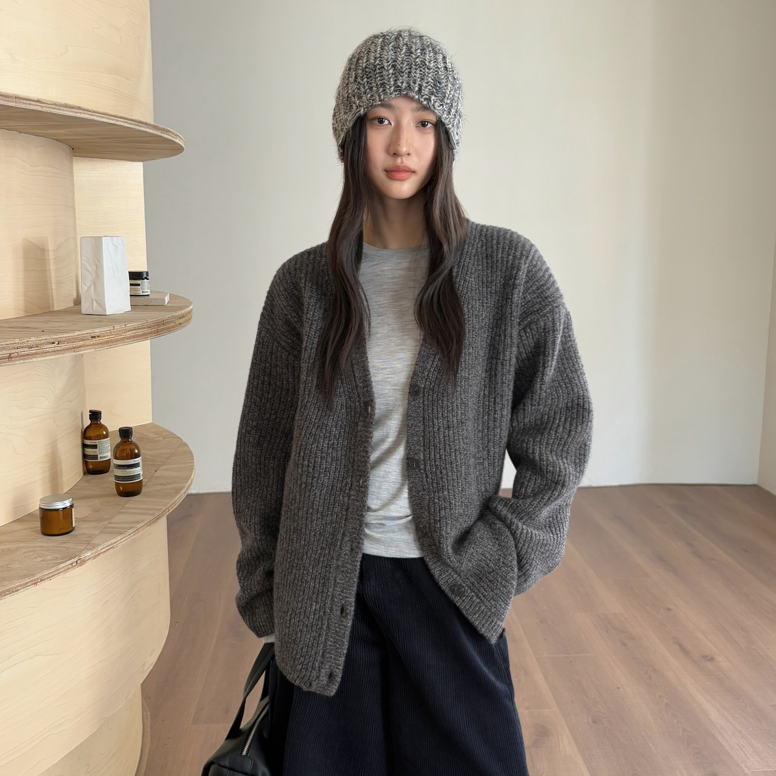 七七复古v领气质外穿针织开衫外套毛衣(配腰绳)（含100羊毛）2589