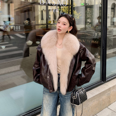 七七草鹅绒内胆机车夹克保暖羽绒服外套(配可拆卸狐狸毛领)J2286