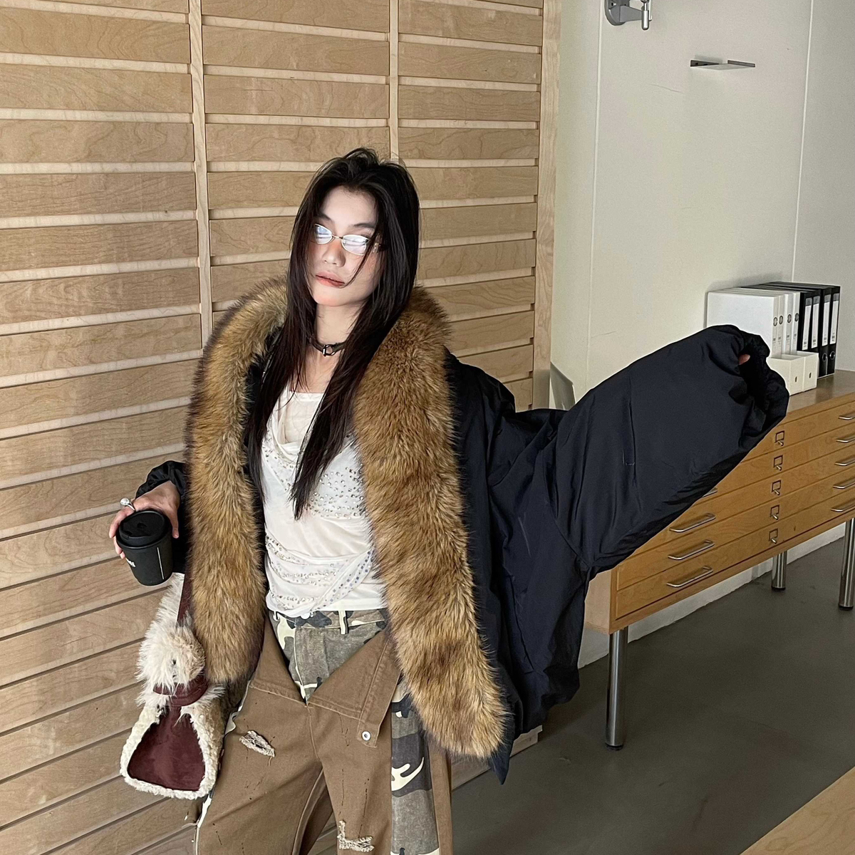 七七设计毛狐狸毛洋气保暖羽绒服外套(配可拆真狐狸毛毛领)V502