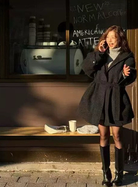 七七计感时尚连帽宽松羊毛外套(配腰绳)（含75羊毛）1224MJ0