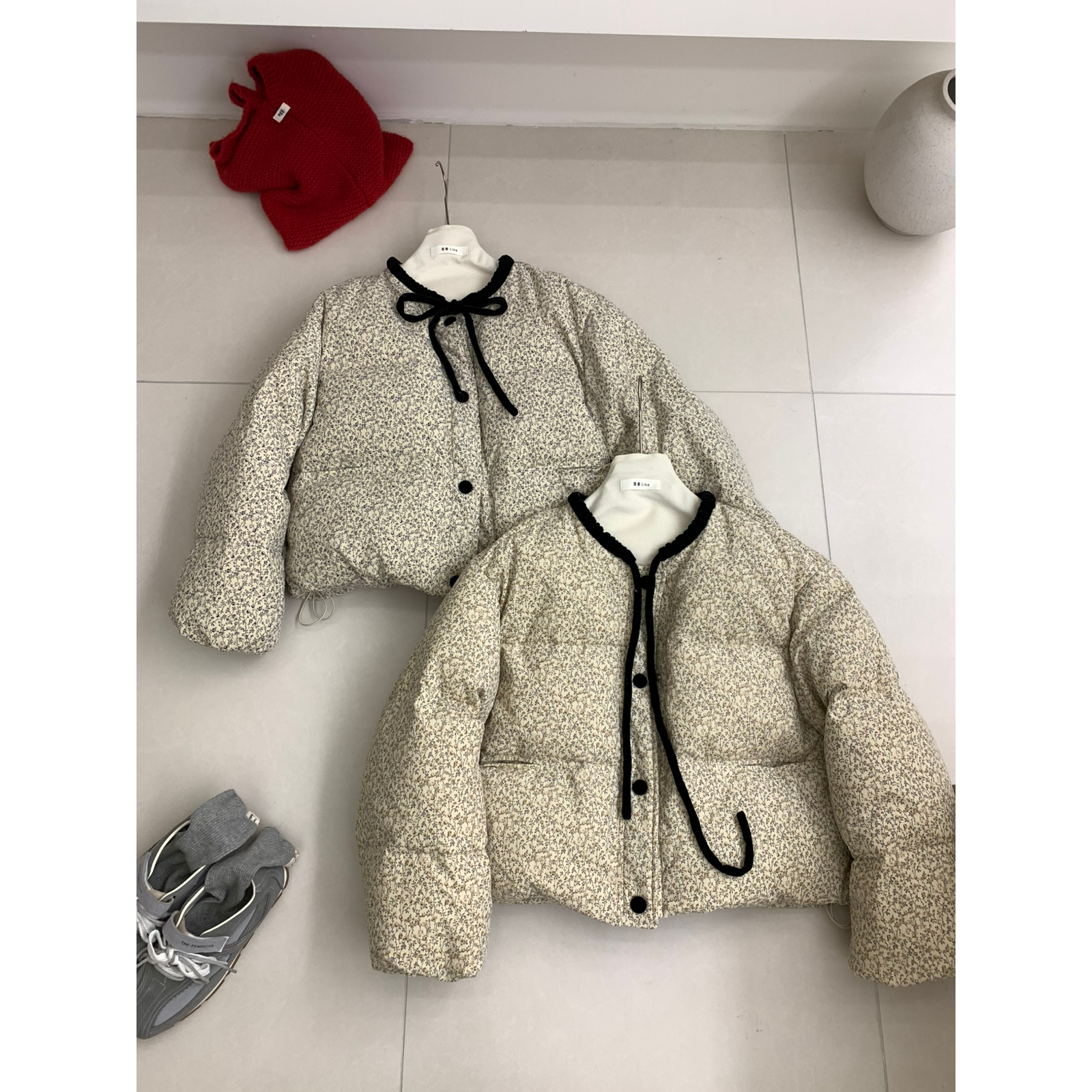 七七冬上新韩系百搭碎花圆领单排扣宽松保暖羽绒服外套8660