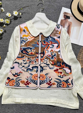 七七设计极简大牌老钱新中式海浪祥云重工刺绣醋酸马甲YS4-t528