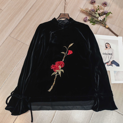 七七早春上新重工钉珠立领斜门襟真丝丝绒上衣小衫YS4-zl-779301