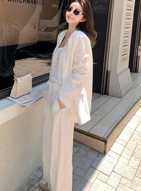 七七0亚麻纯白色西装+直筒遮肉西裤两件套套装(不可拆垫肩)30116