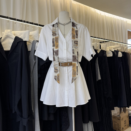 HOW AN七 ME 程熙-年夏上新简约休闲衬衣裙连衣裙(配丝巾)26-012