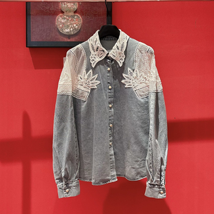 七七26年春款经典蓝撞色线迹拼接设计感蕾丝牛仔外套w286