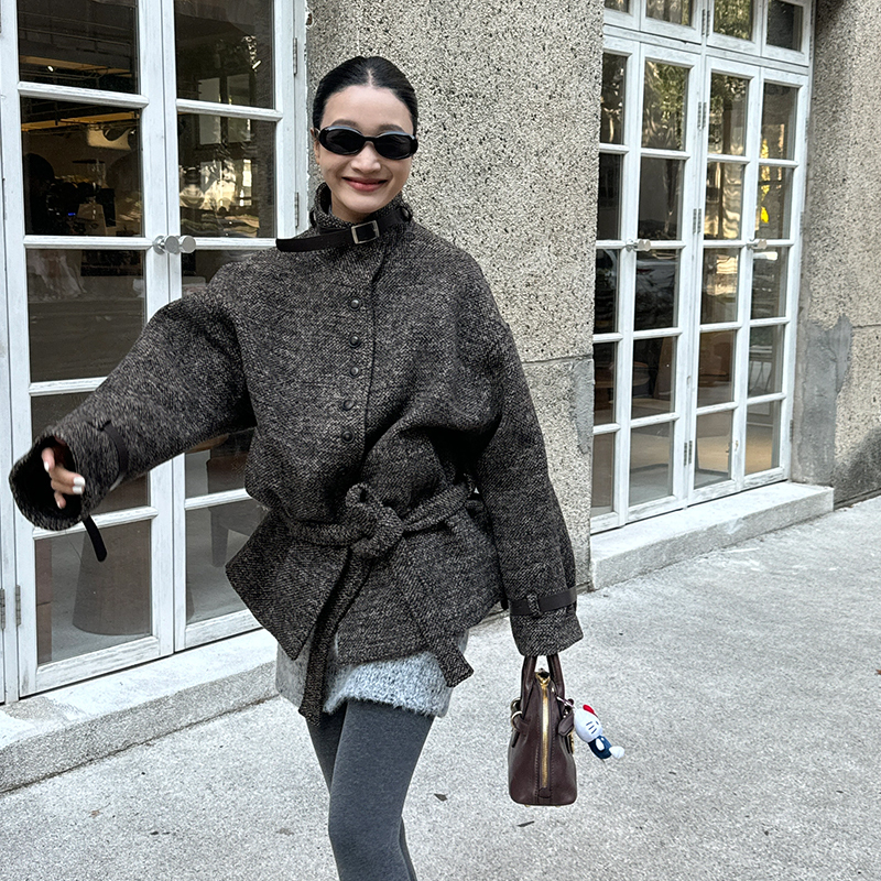 七七设计新款百搭立领羊毛外套(配领带腰带)（含95羊毛）YS1-E082