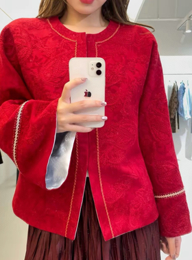 七七设计中式立体暗纹提花中国红宽松显白双面穿短外套YS3-t130