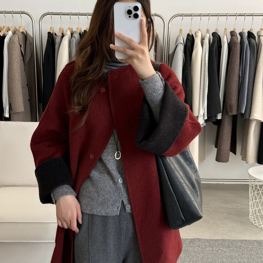 七七两面穿～休闲圆领撞色双面羊毛大衣羊毛外套含84.5绵羊毛922