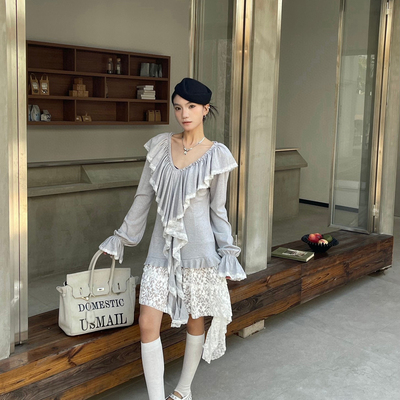 七七设计26年早春小众设计师潮牌蕾丝花边拼接不规则连衣裙V954