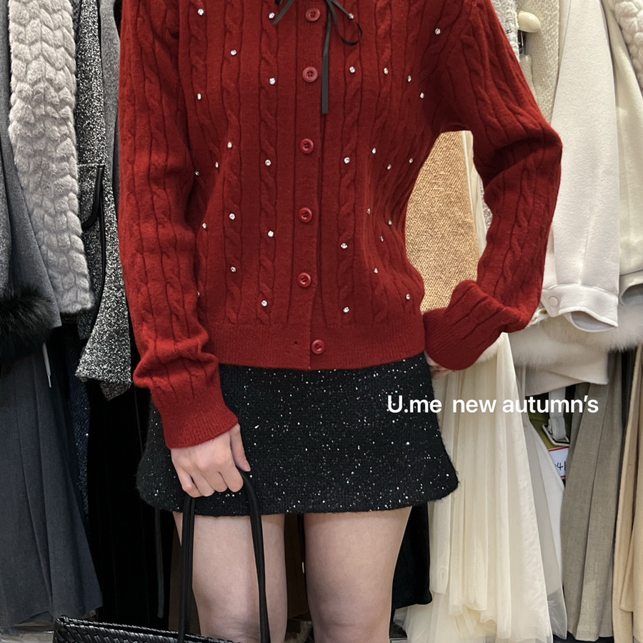 七七法式复古绞花系带排扣保暖毛衣YS3-8820