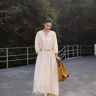 七七设计收腰轻透棉感连衣裙配编织腰带连衣裙 Y20033 配腰带