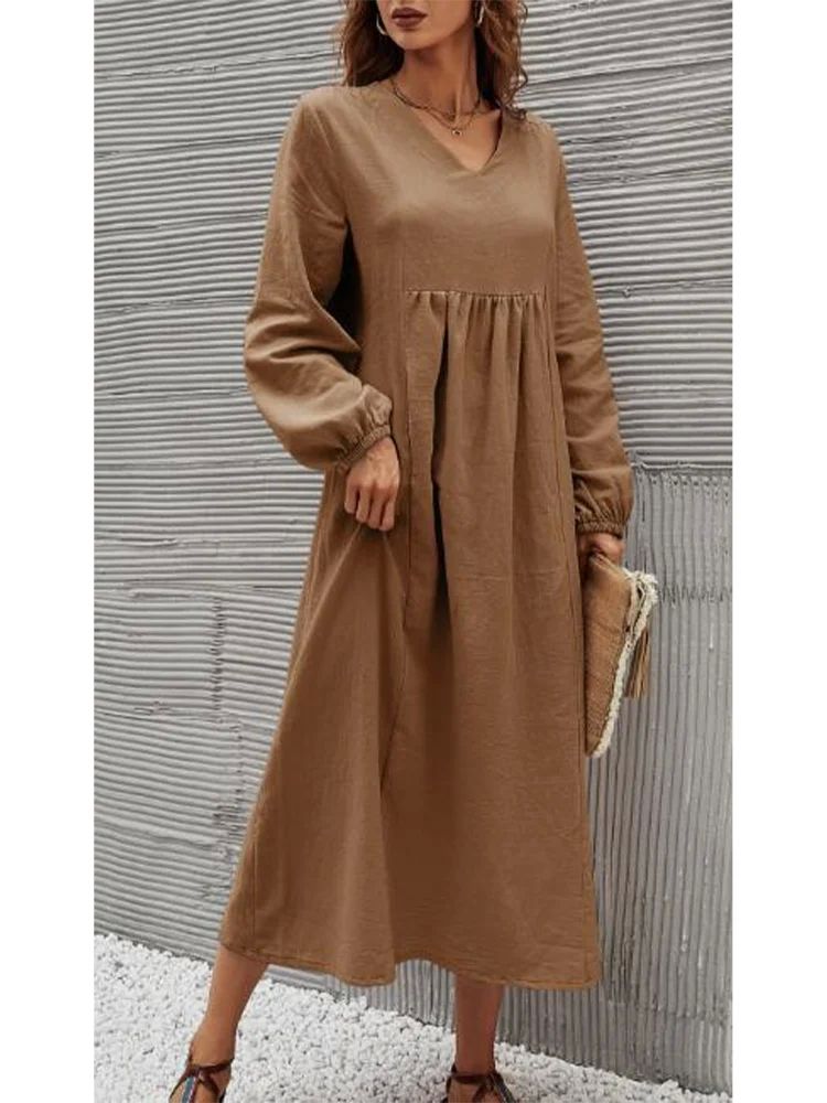 Plus Size Long Dress Solid Color Fashion Women's V-neck Cott 女装/女士精品 连衣裙 原图主图