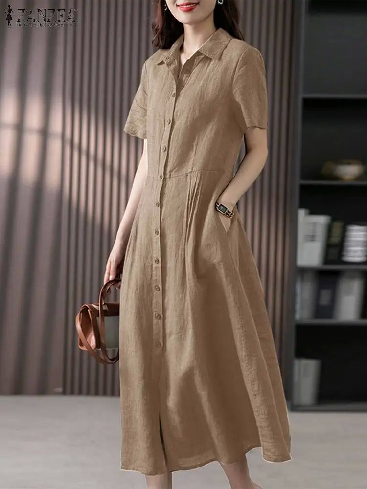 Fashion Summer Lapel Short Sleeve Dress Women Elegant Causal