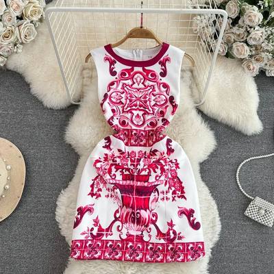 Fashion Runway Summer Short Dress Women's Sleeveless Red Blu