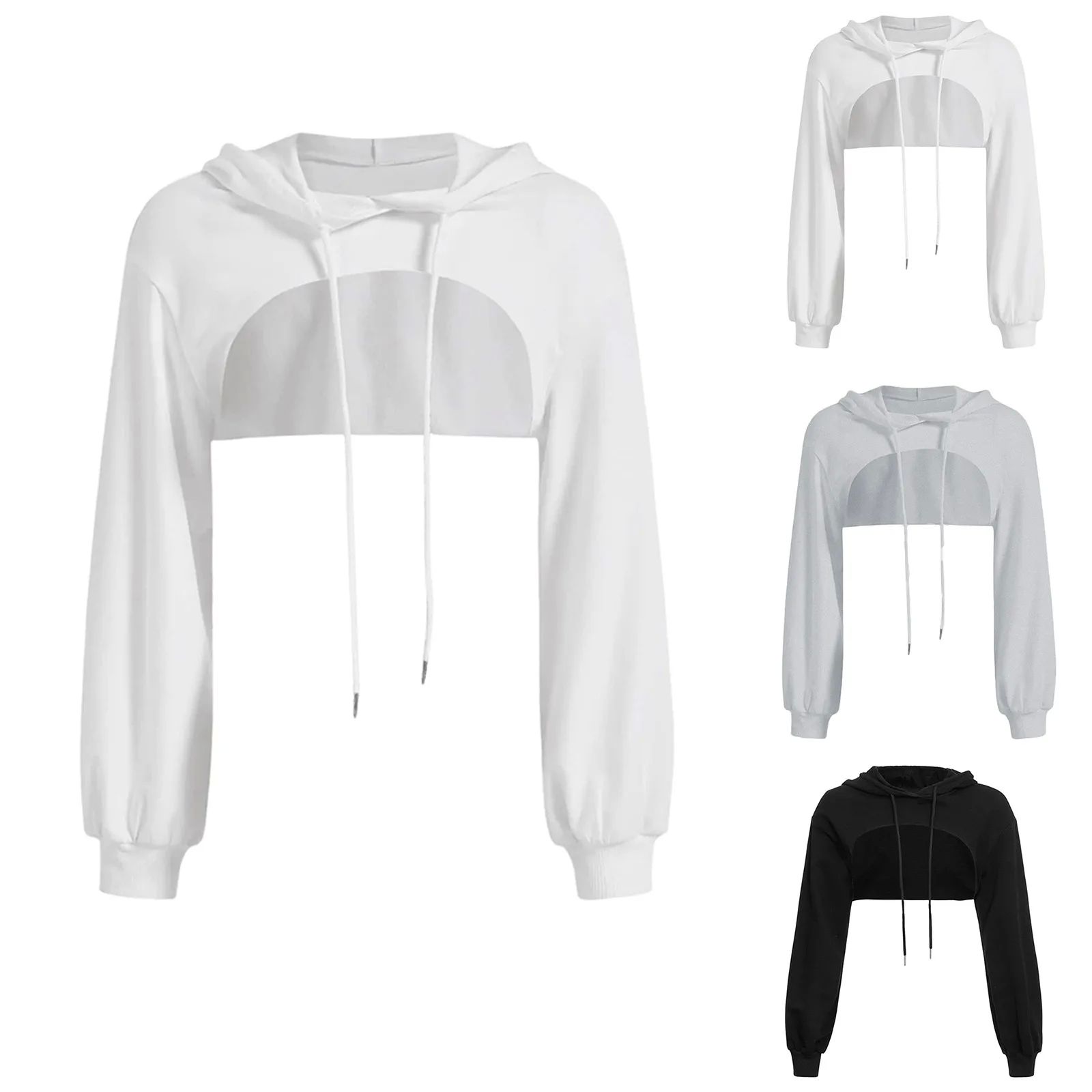 Loose Long Sleeve Cropped Hoodies Solid Casual Sweatshirt Wo