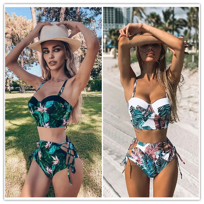 High Waist Swimwear 2024 New Leaf Print Bikinis Women Swimsu